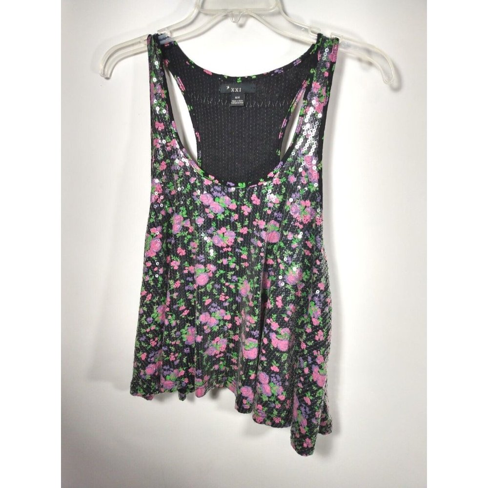 XXI Tank Top Size Medium Sequin Sleeveless Swing Racer Back Pink Floral Pullover